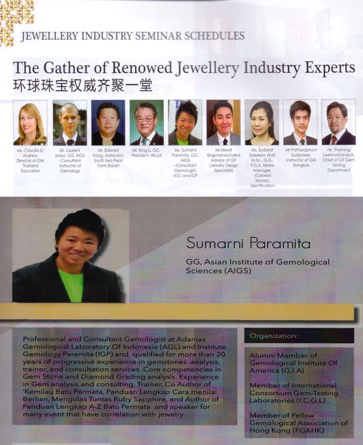 1st int jewellry industry forum organized by ICGL and GSM Malaysia. Sumarni paramita speaker from AGL Indonesia represent ICGL ( International Consortium Gem-Testing Laboratory Paper presentation : 1. use of gem terminology nomenclature . (Represent ICGL) )